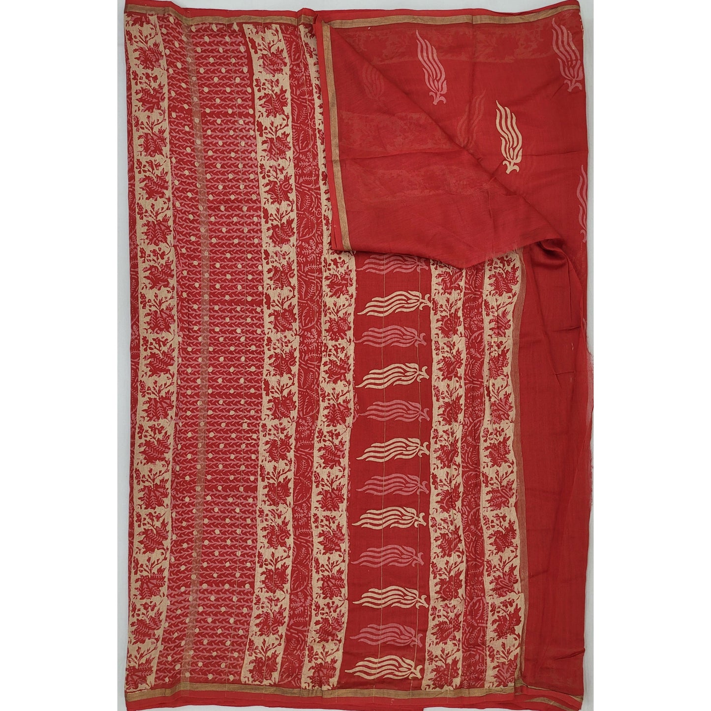 Chanderi Bagru Block Printed Saree with small Zari border - Vinshika