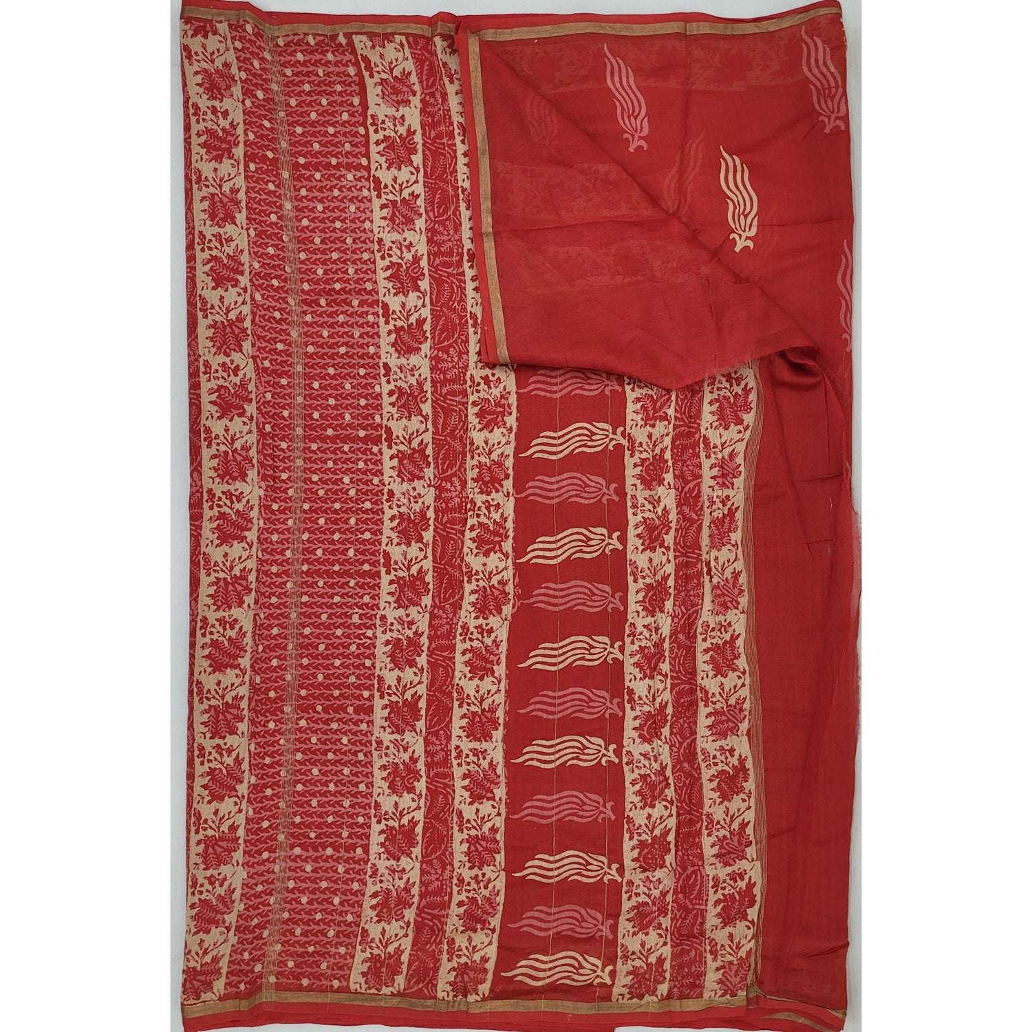 Chanderi Bagru Block Printed Saree with small Zari border - Vinshika