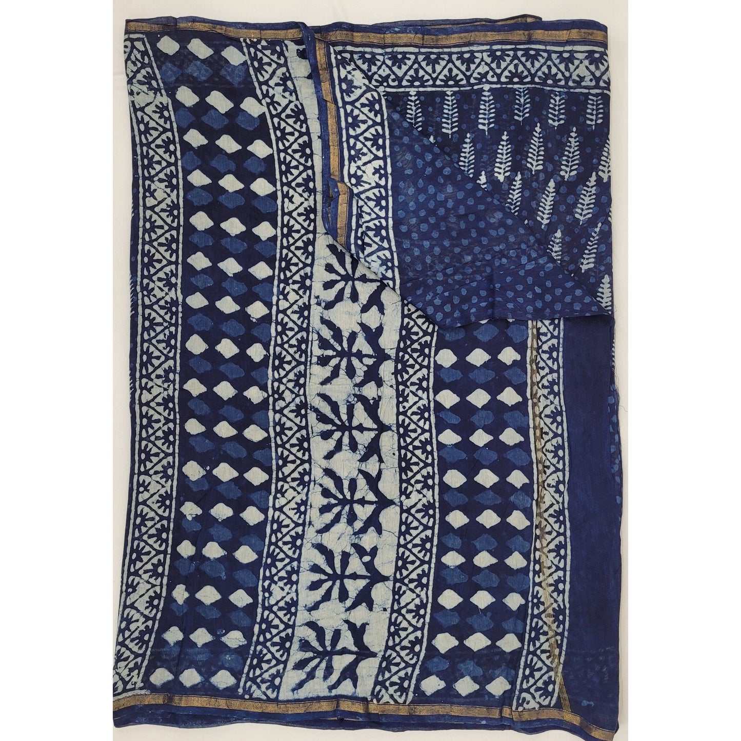 Chanderi Bagru Block Printed Saree with small Zari border - Vinshika