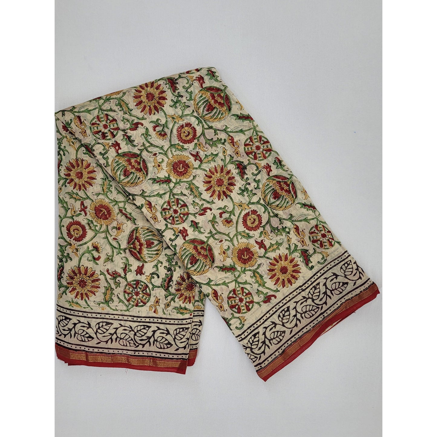 Chanderi Bagru Block Printed Saree with small Zari border - Vinshika