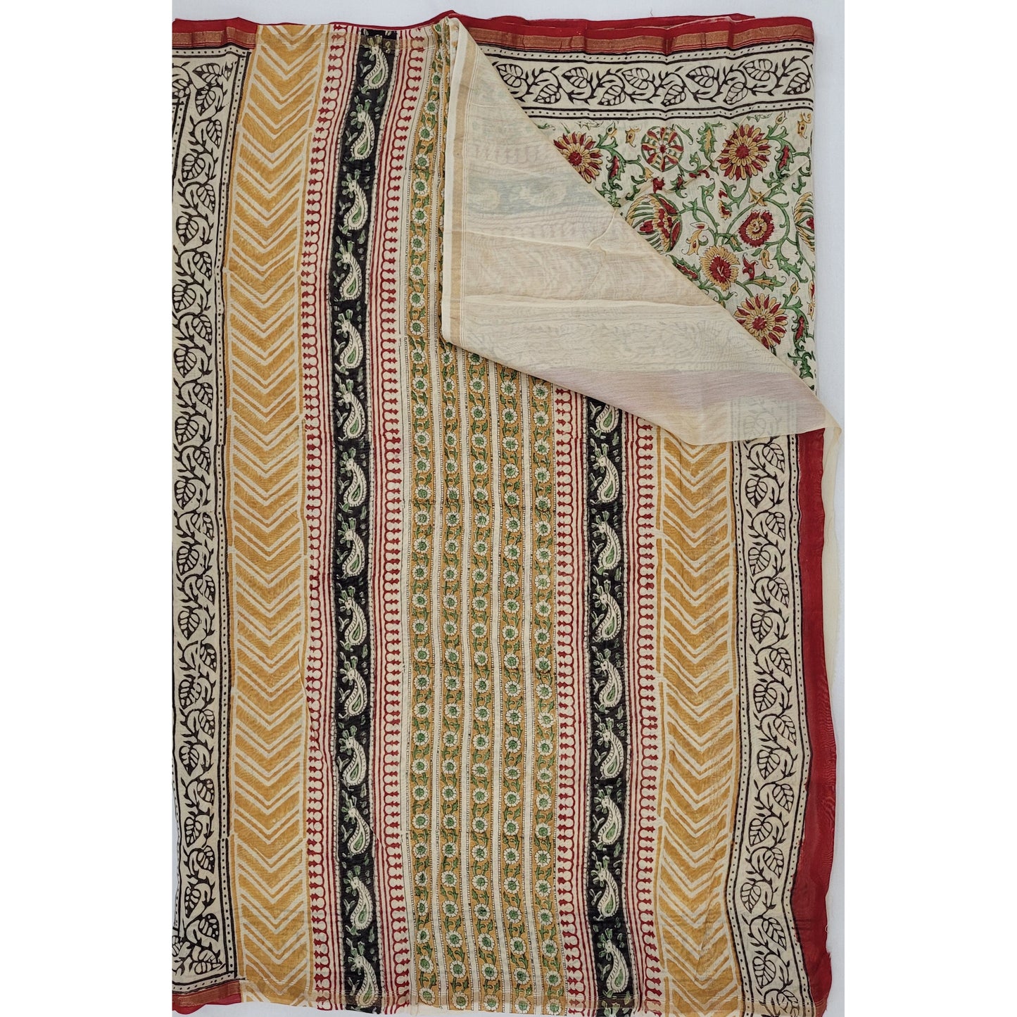 Chanderi Bagru Block Printed Saree with small Zari border - Vinshika