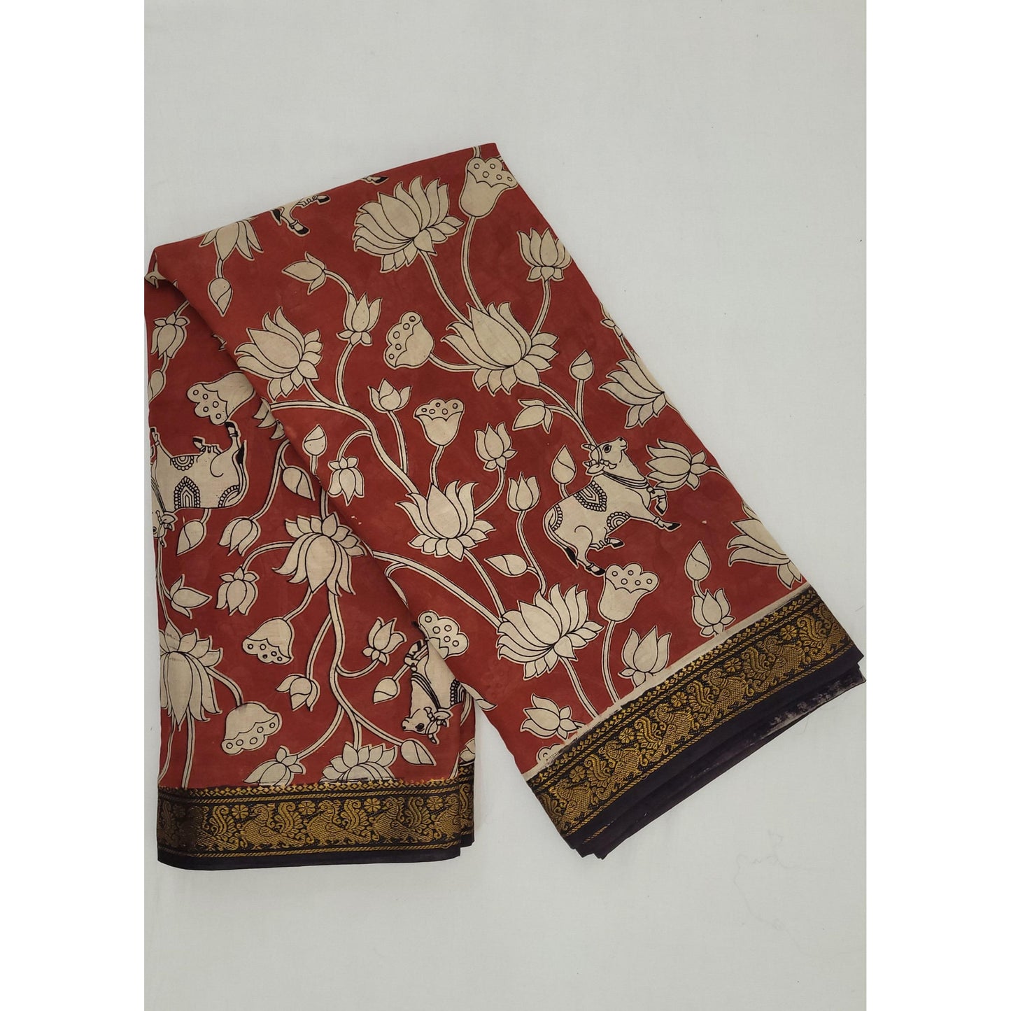 Handprinted Kalamkari Cotton Saree with Zari Border