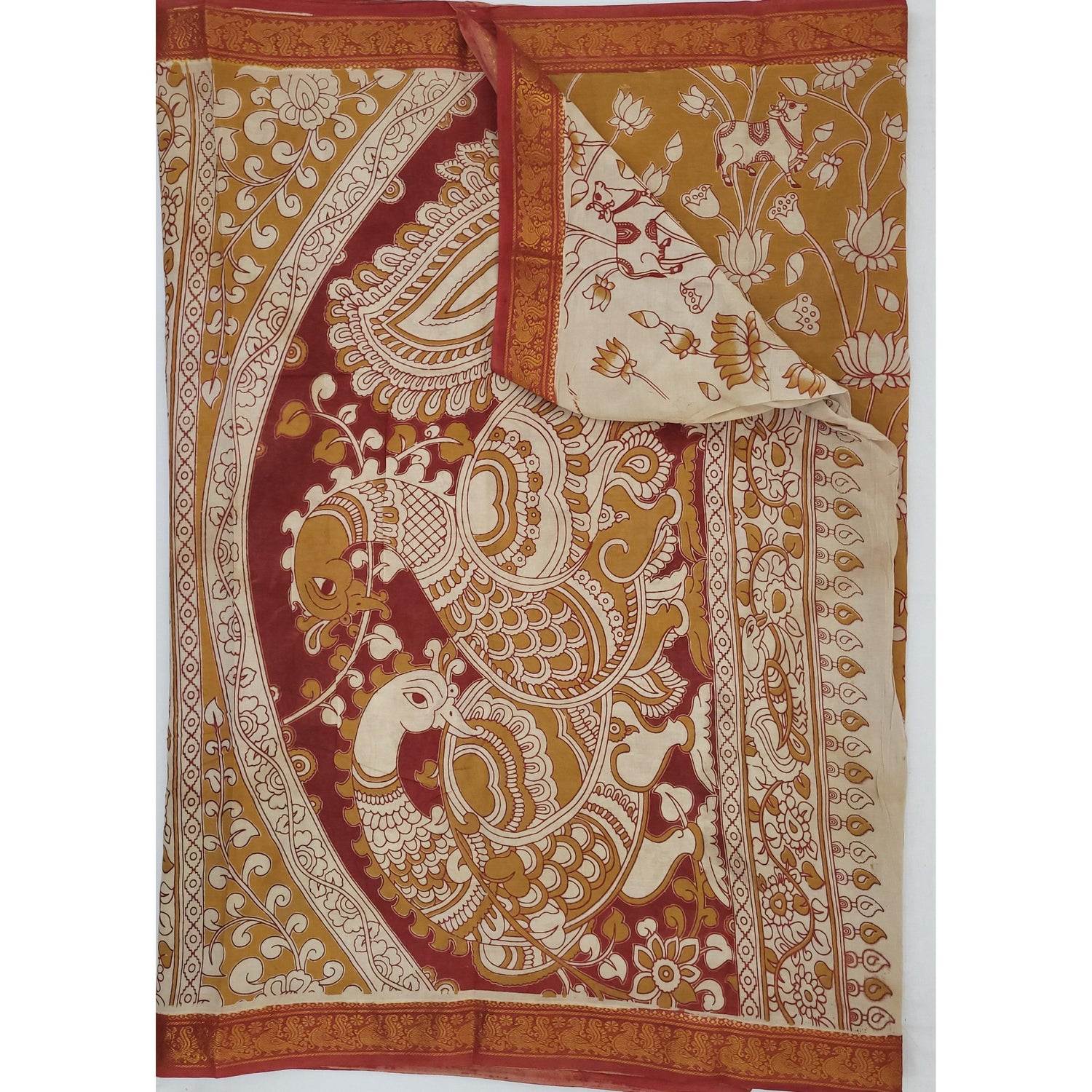 Handprinted Kalamkari Cotton Saree with Zari Border - Vinshika