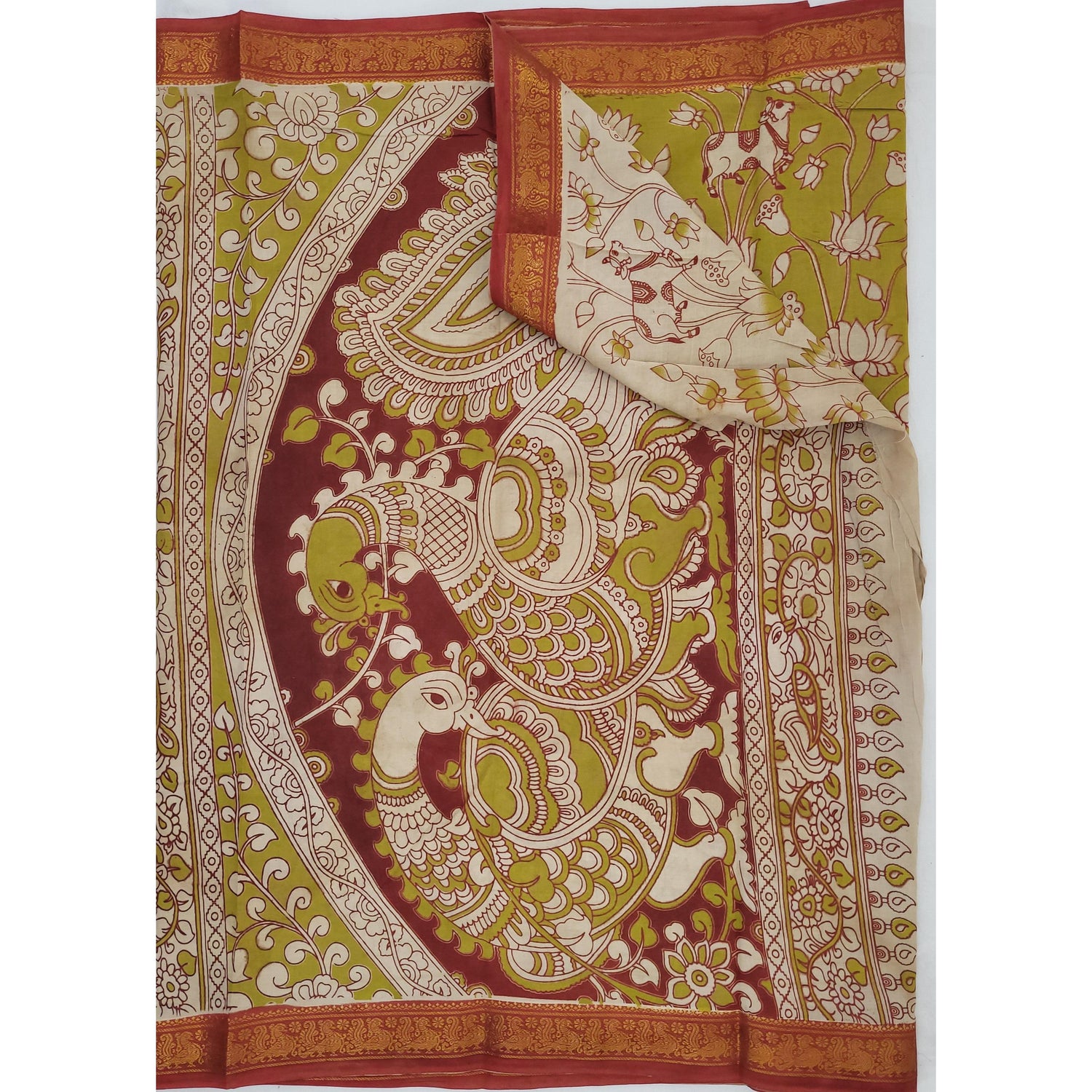 Handprinted Kalamkari Cotton Saree with Zari Border - Vinshika