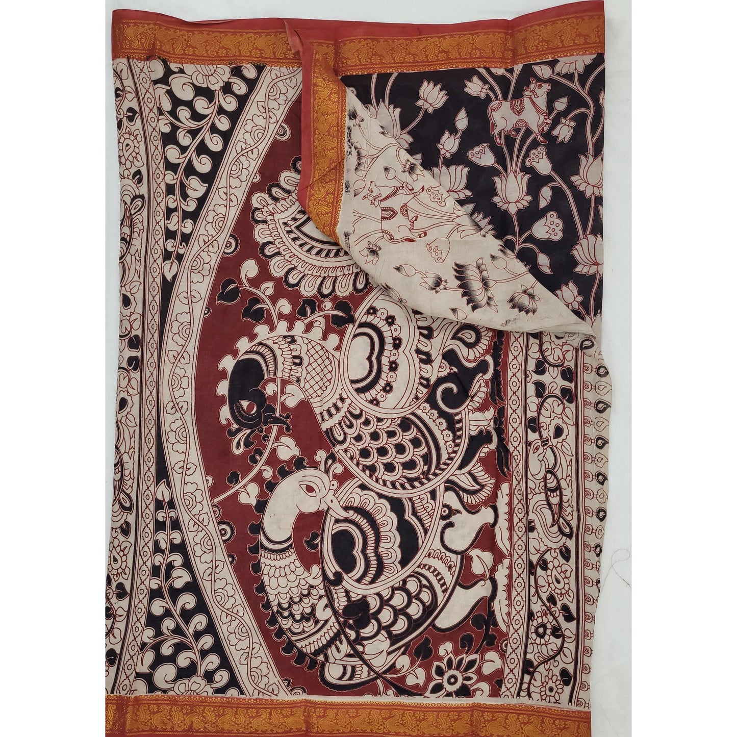 Handprinted Kalamkari Cotton Saree with Zari Border