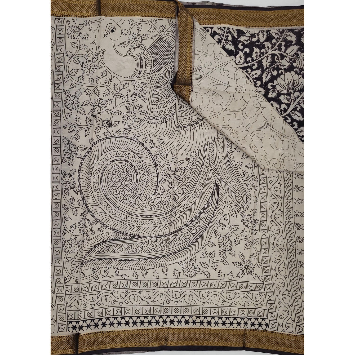 Handprinted Kalamkari Silk Saree with Zari Border - Vinshika