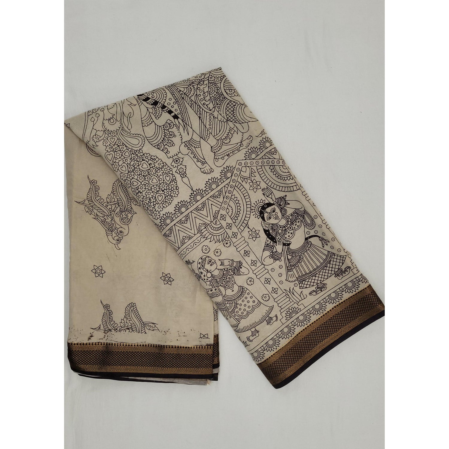 Handprinted Kalamkari Silk Saree with Zari Border - Vinshika