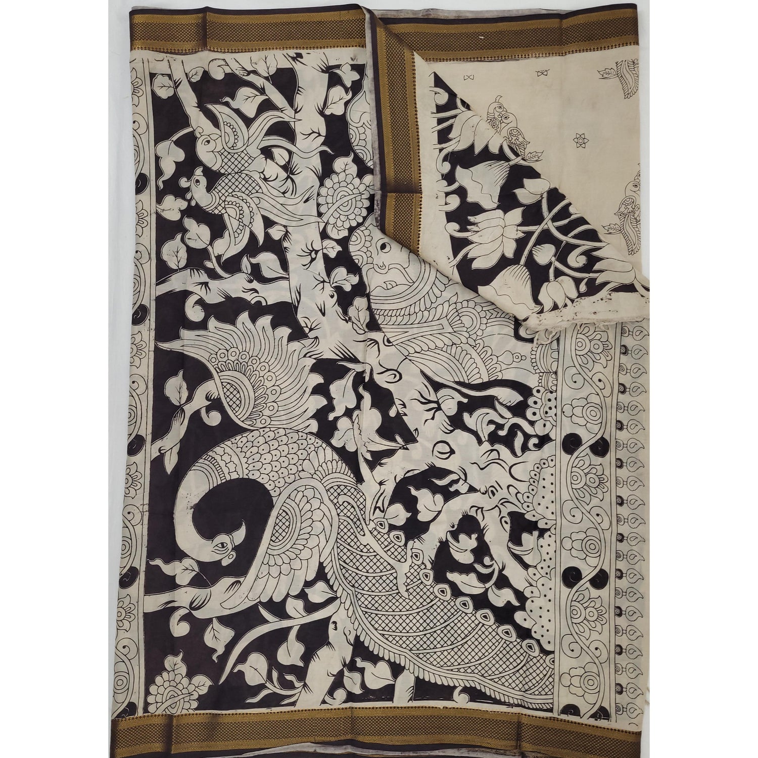 Handprinted Kalamkari Silk Saree with Zari Border - Vinshika