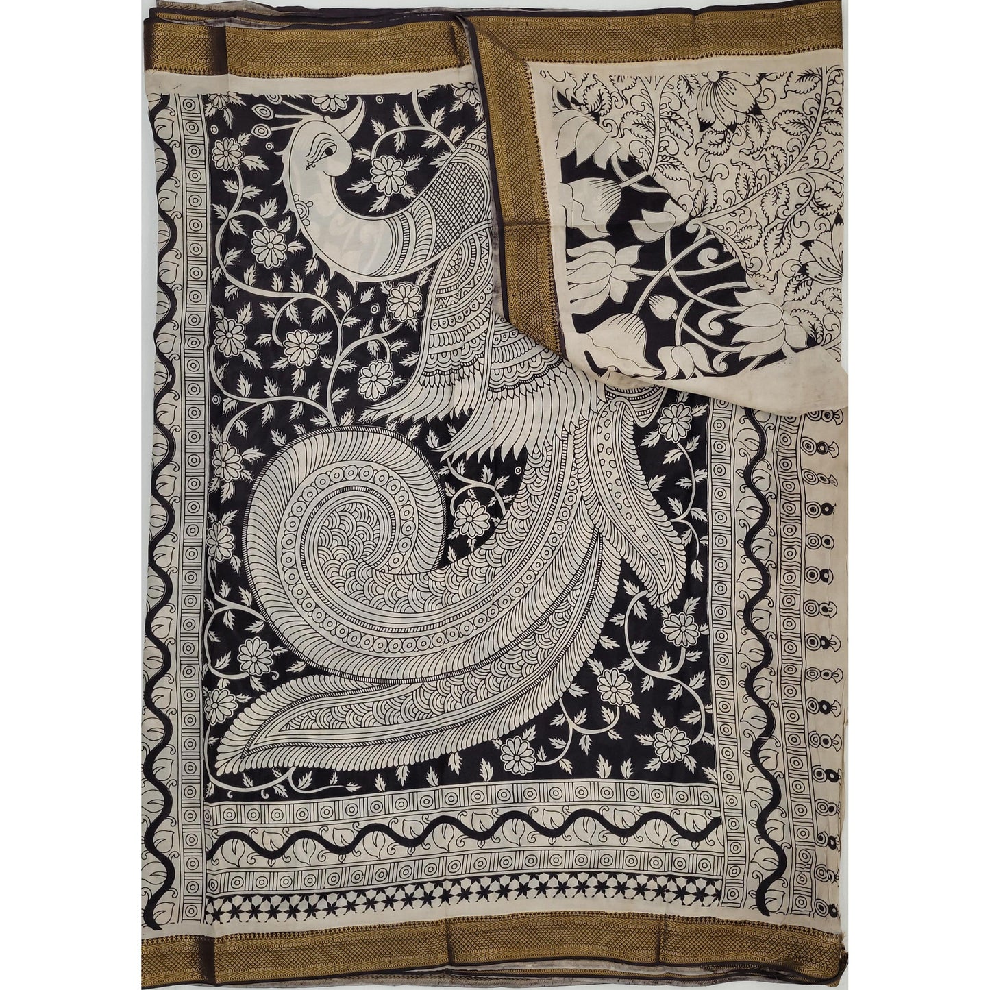 Handprinted Kalamkari Silk Saree with Zari Border