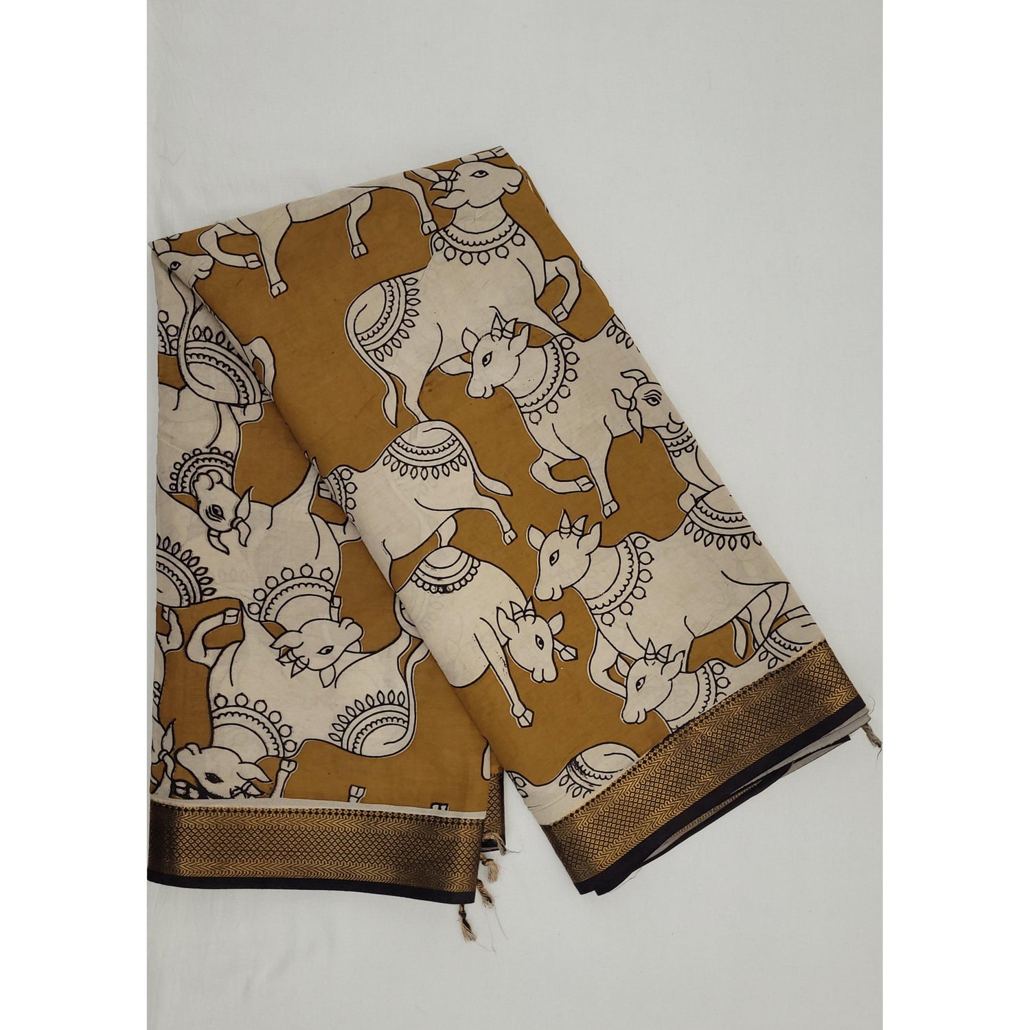 Handprinted Kalamkari Silk Saree with Zari Border - Vinshika