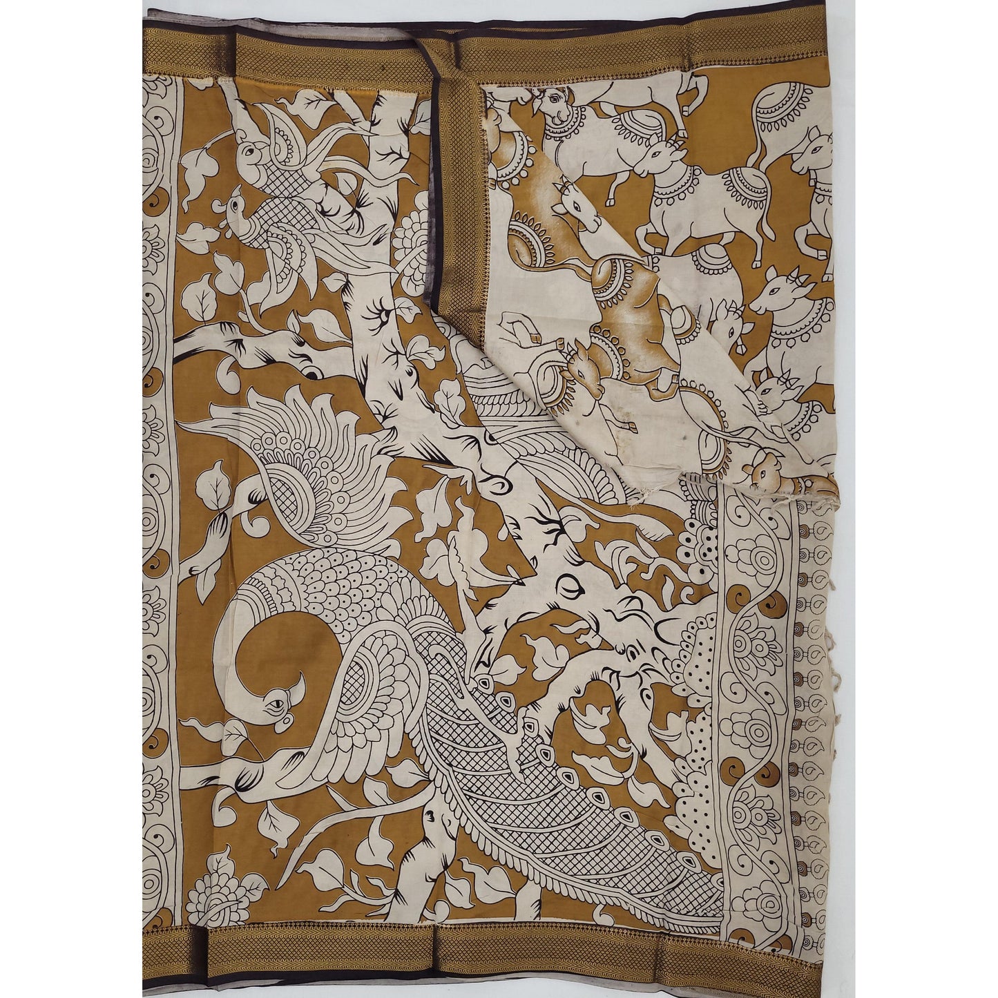 Handprinted Kalamkari Silk Saree with Zari Border