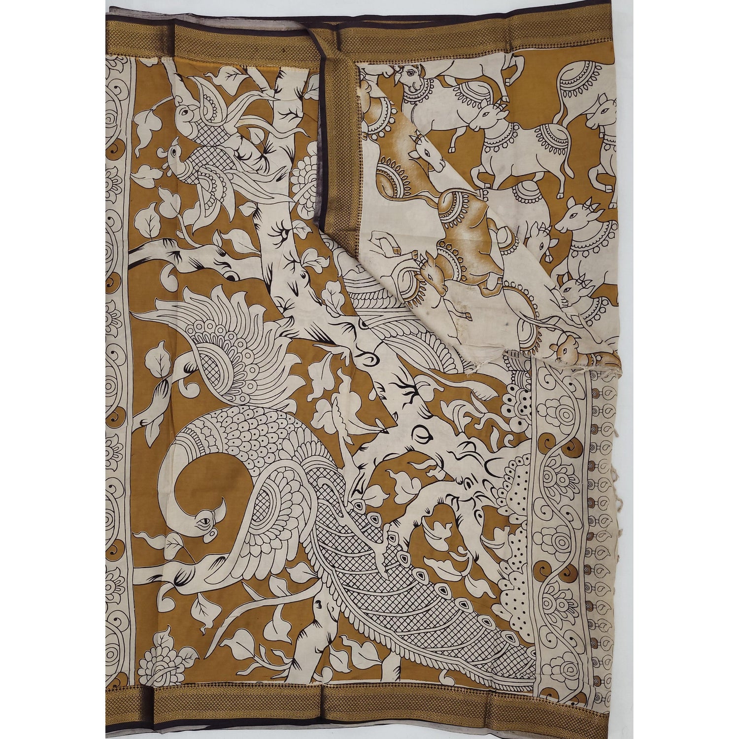 Handprinted Kalamkari Silk Saree with Zari Border - Vinshika