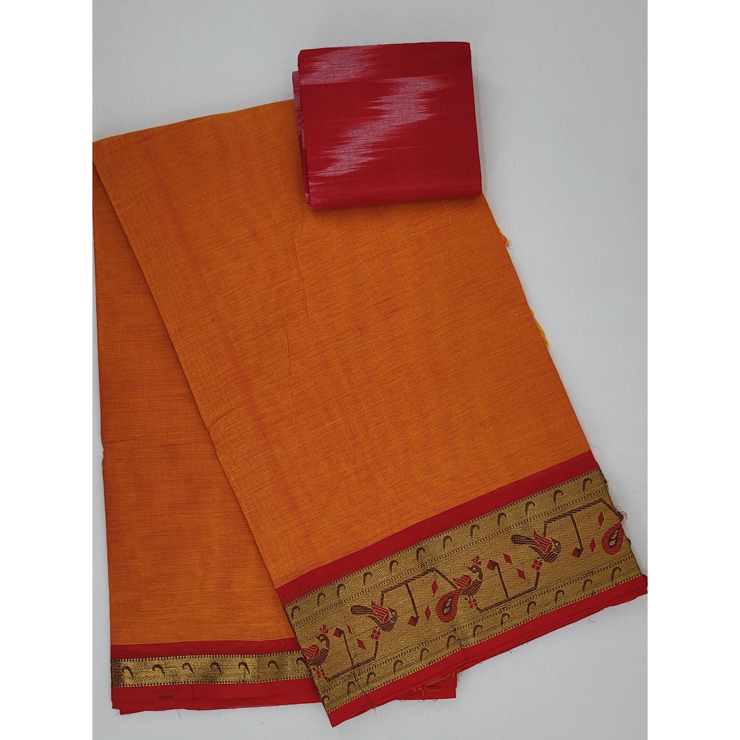 Alphonso and Red Color Kanchi Cotton Saree with Thread and Zari Paithani Border - Vinshika