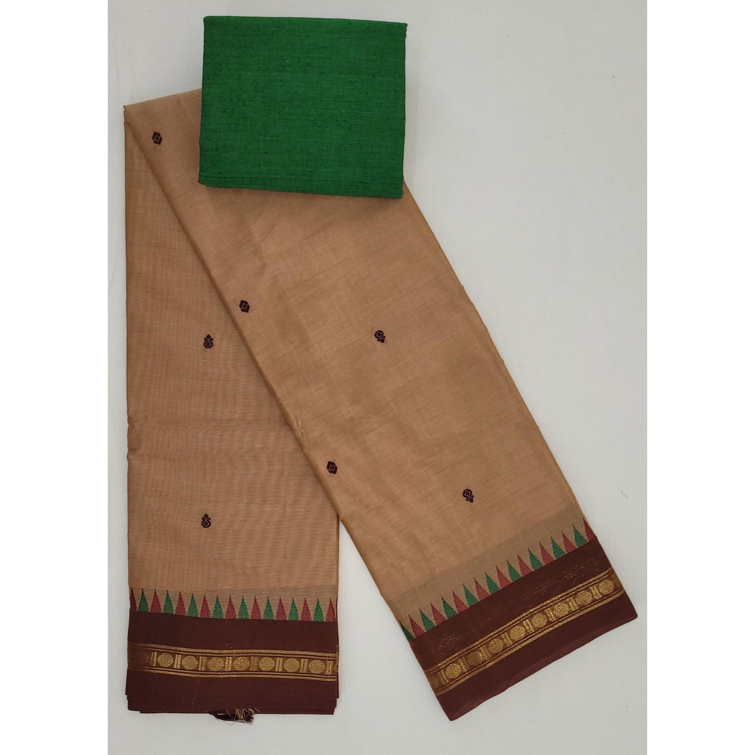 Fawn Color Kanchi Cotton Saree Allover Buttis with Zari Border - Vinshika