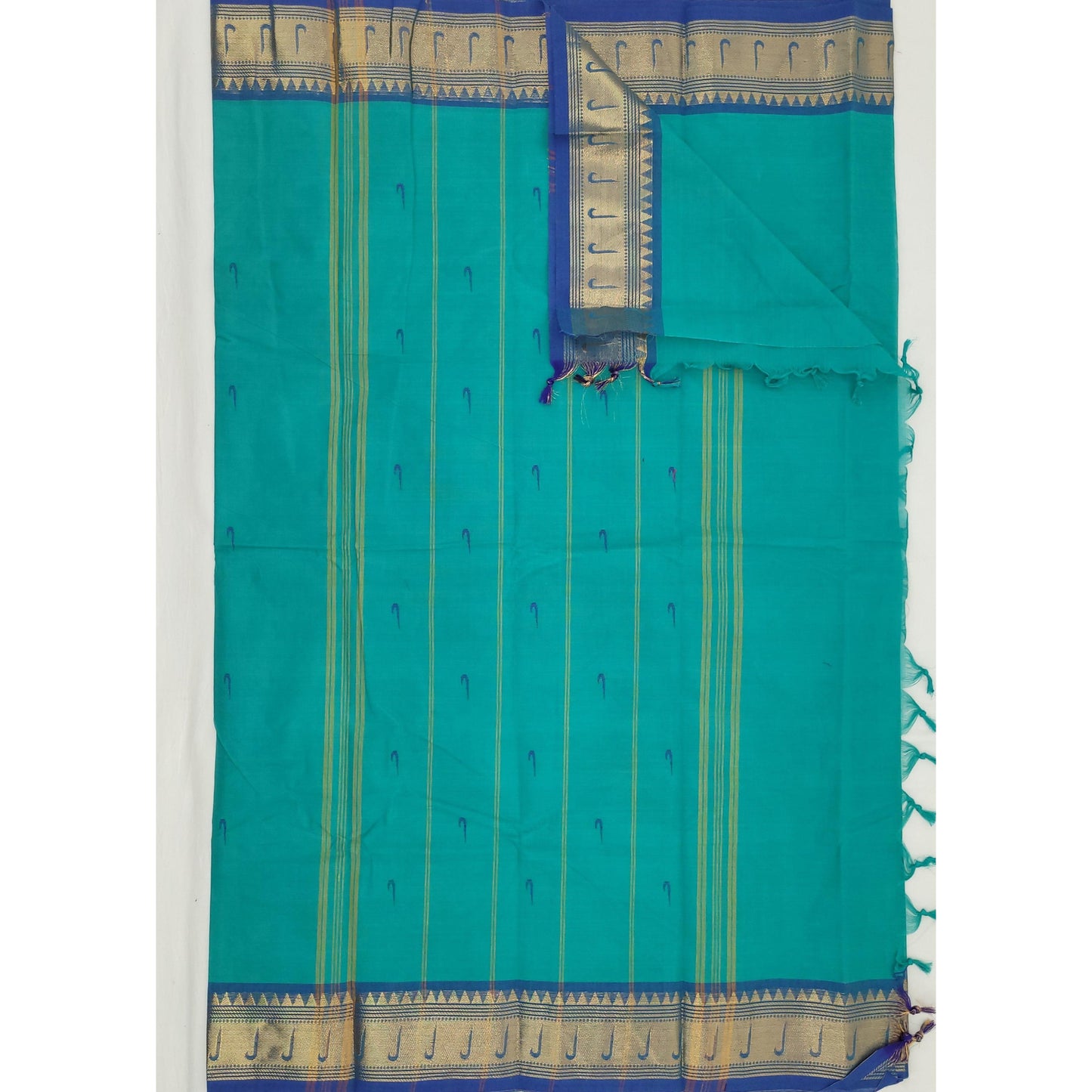 Aqua Blue Color Kanchi Cotton Saree Allover Buttis with Zari Border