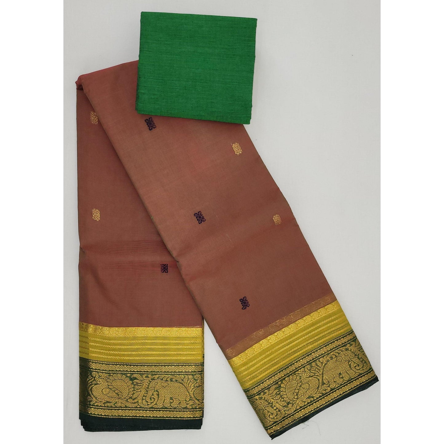 Parry Red and Green Color Kanchi Cotton Saree Allover Buttis with Zari Border