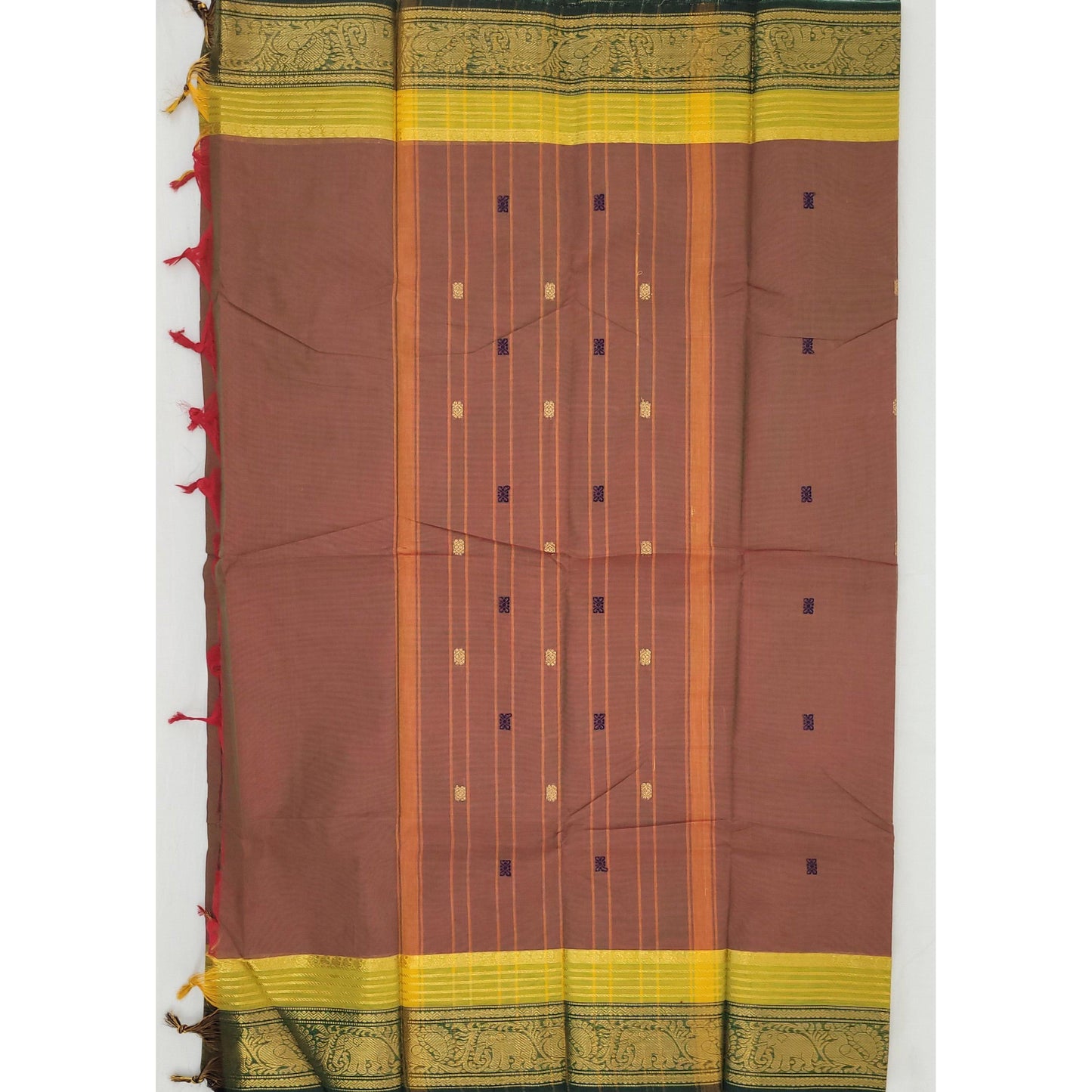 Parry Red and Green Color Kanchi Cotton Saree Allover Buttis with Zari Border