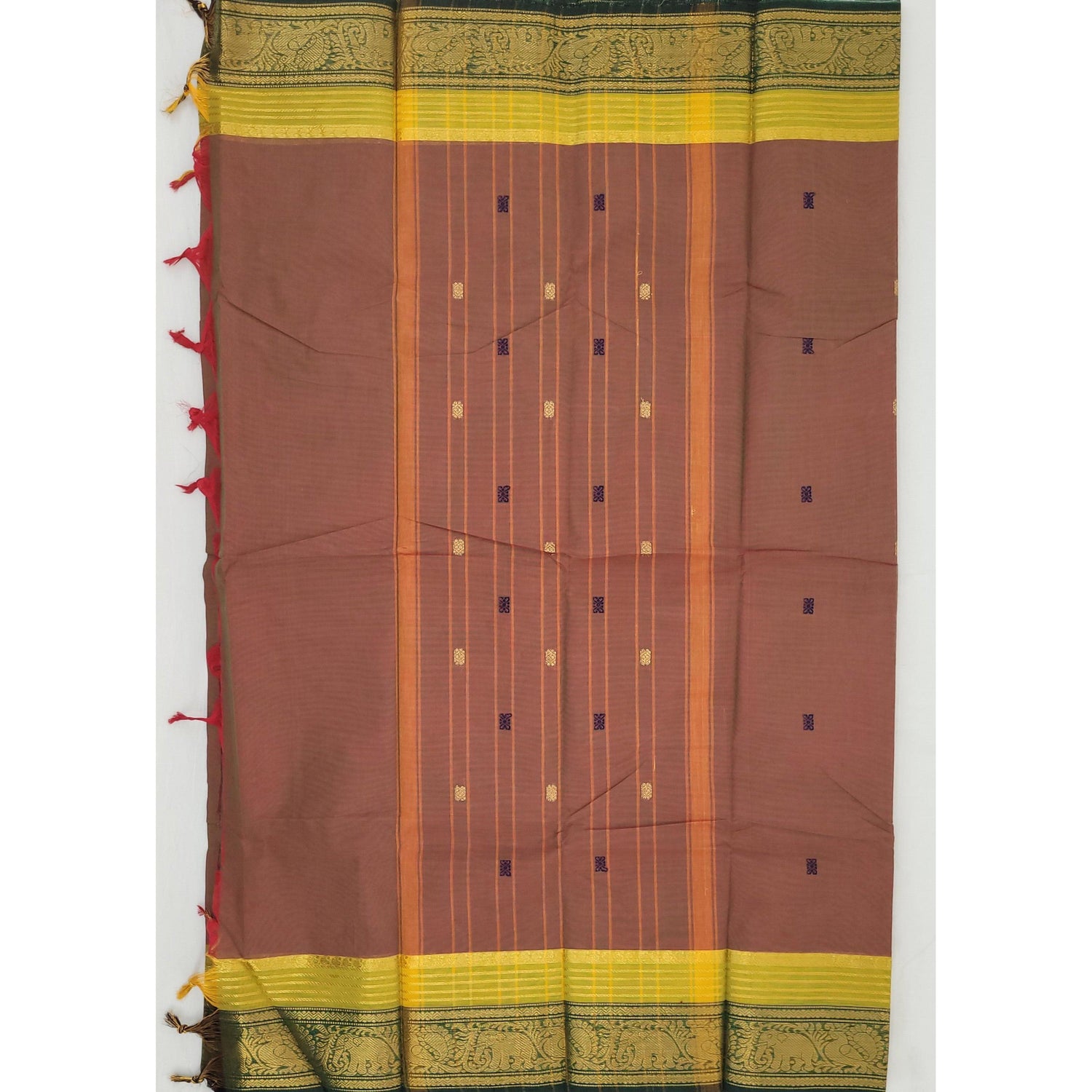 Parry Red and Green Color Kanchi Cotton Saree Allover Buttis with Zari Border - Vinshika