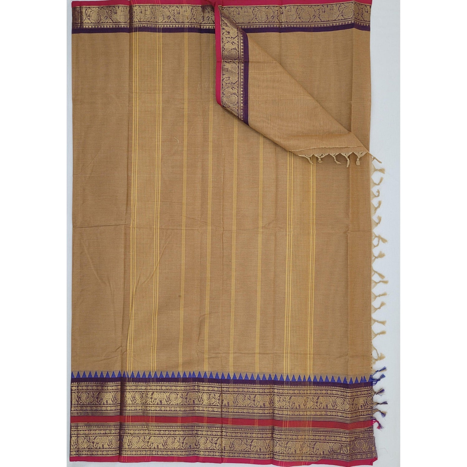 Wheat Color Kanchi Cotton Saree with Zari Border - Vinshika