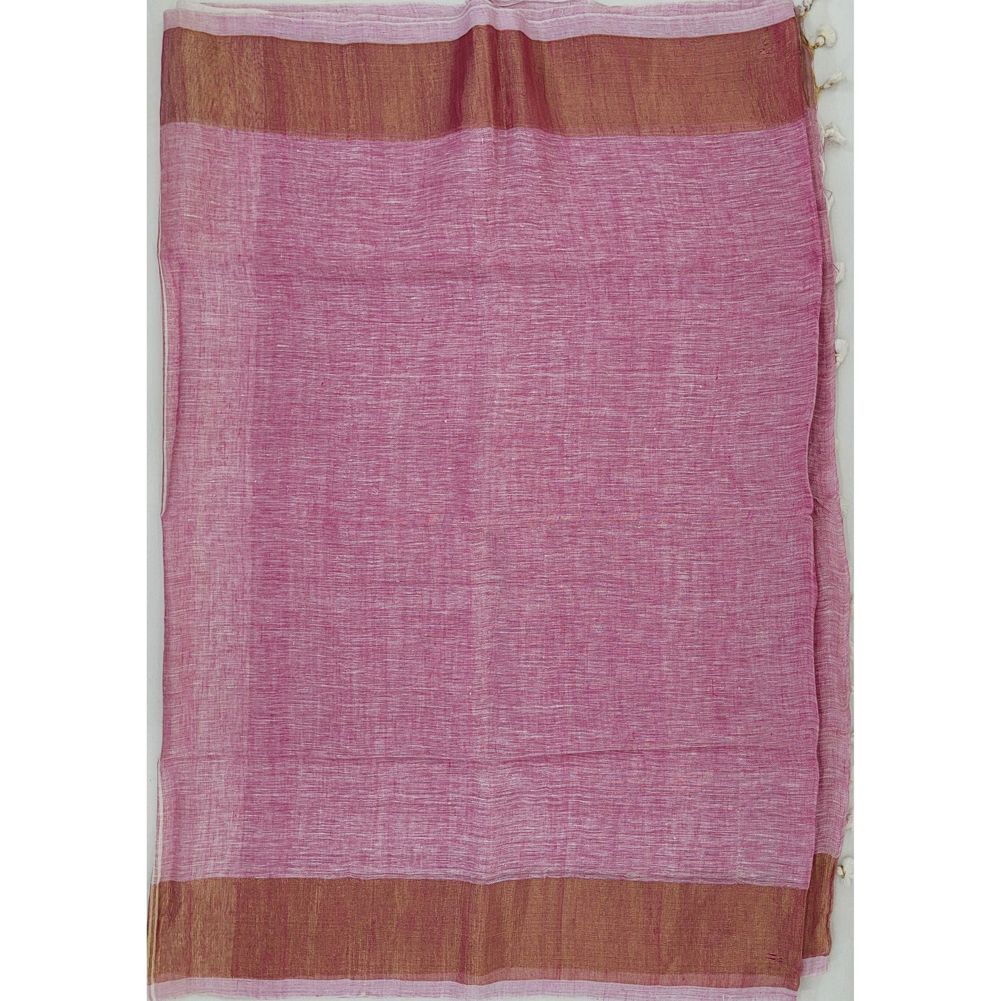 Premium Handwoven Linen pink with golden zari border saree - Vinshika