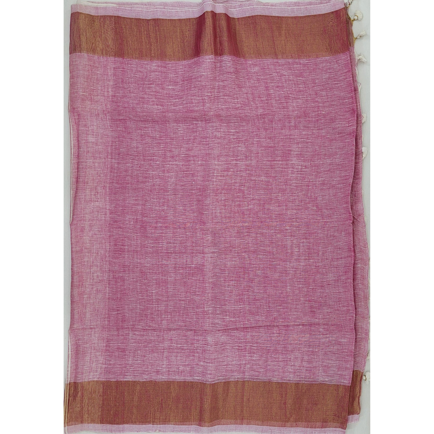 Premium Handwoven Linen pink with golden zari border saree - Vinshika