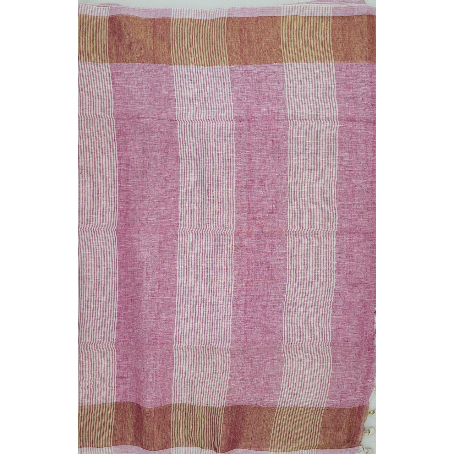 Premium Handwoven Linen pink with golden zari border saree - Vinshika