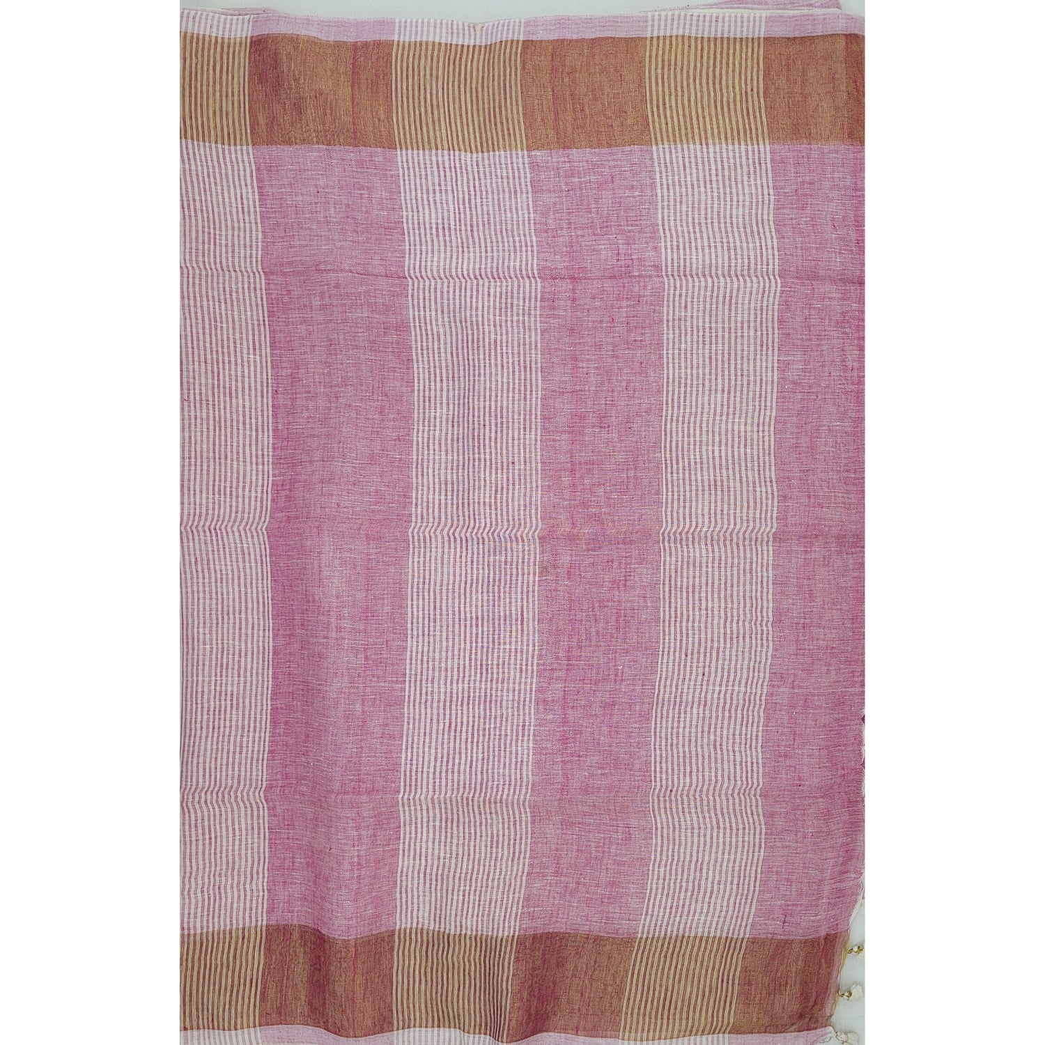 Premium Handwoven Linen pink with golden zari border saree - Vinshika