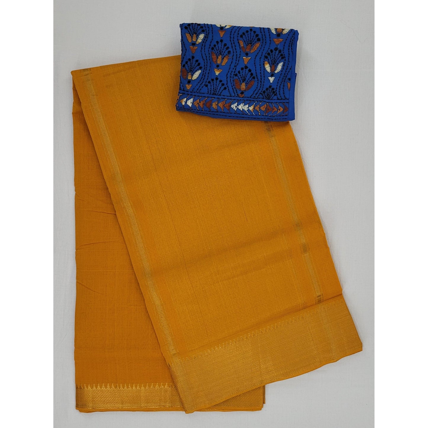 Mustard color Mangalagiri cotton saree with golden zari border - Vinshika