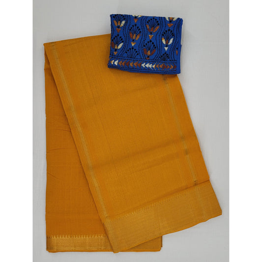 Mustard color Mangalagiri cotton saree with golden zari border - Vinshika