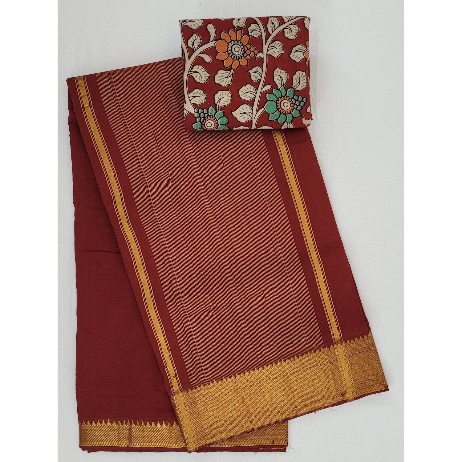 Maroon color Mangalagiri cotton saree with golden zari border - Vinshika