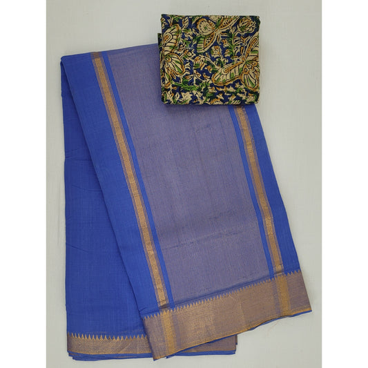 Blue color Mangalagiri cotton saree with golden zari border - Vinshika