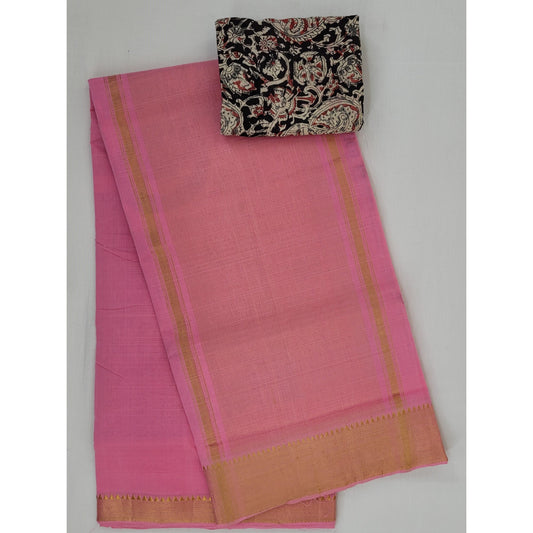 Baby Pink color Mangalagiri cotton saree with golden zari border - Vinshika