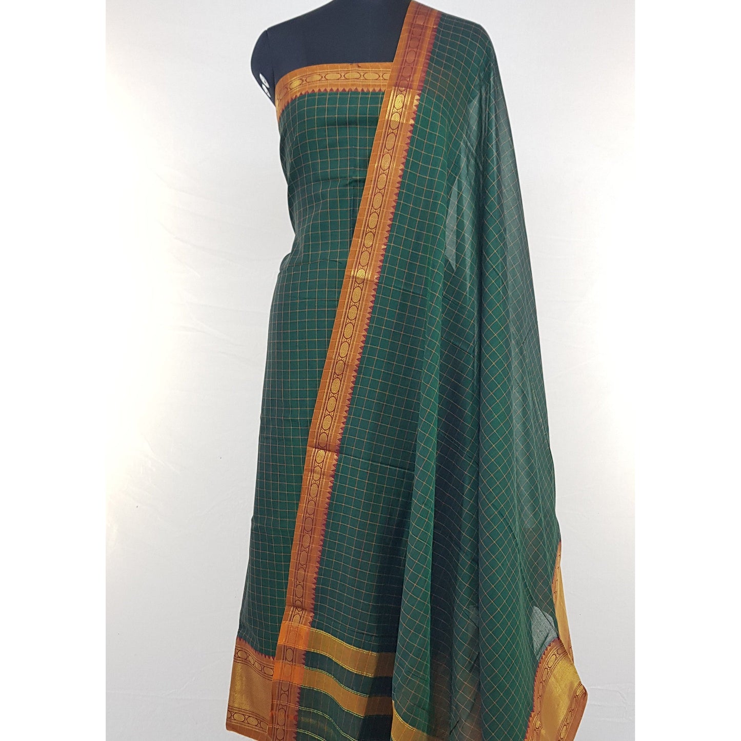 Bottle Green Color Narayanpet Cotton Salwar set with all over checks Zari Border - Vinshika
