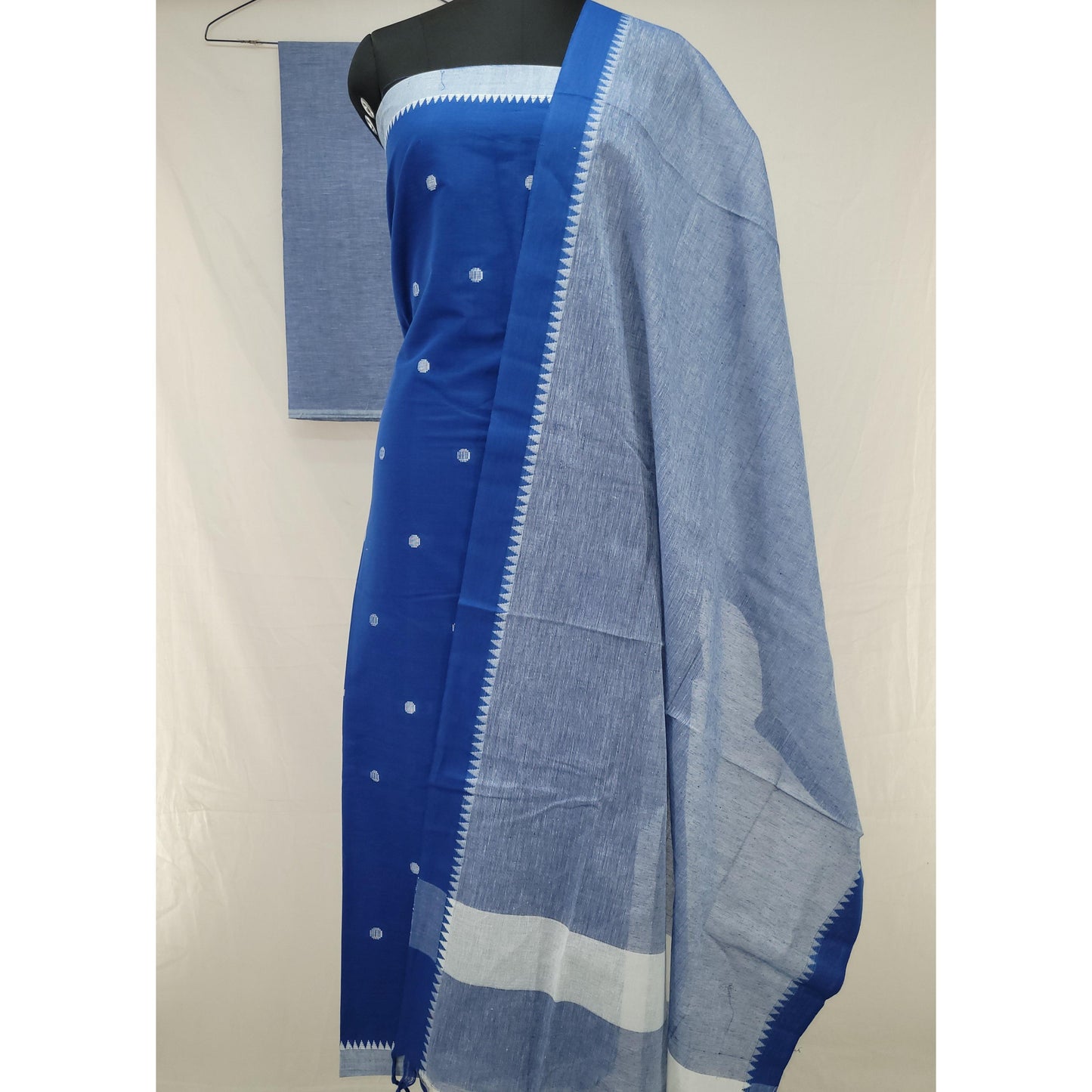 Ink Blue Cotton Top with Elegant Buttis, Paired with a Sky Blue Dupatta & Bottom – A Graceful 3-Piece Salwar Set