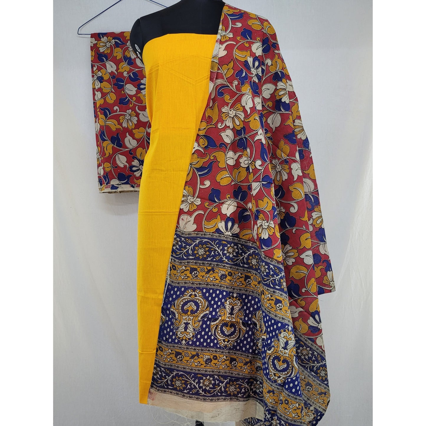 Mangalagiri Cotton top with Kalamkari dupatta and bottom 3 Piece Salwar set - Vinshika