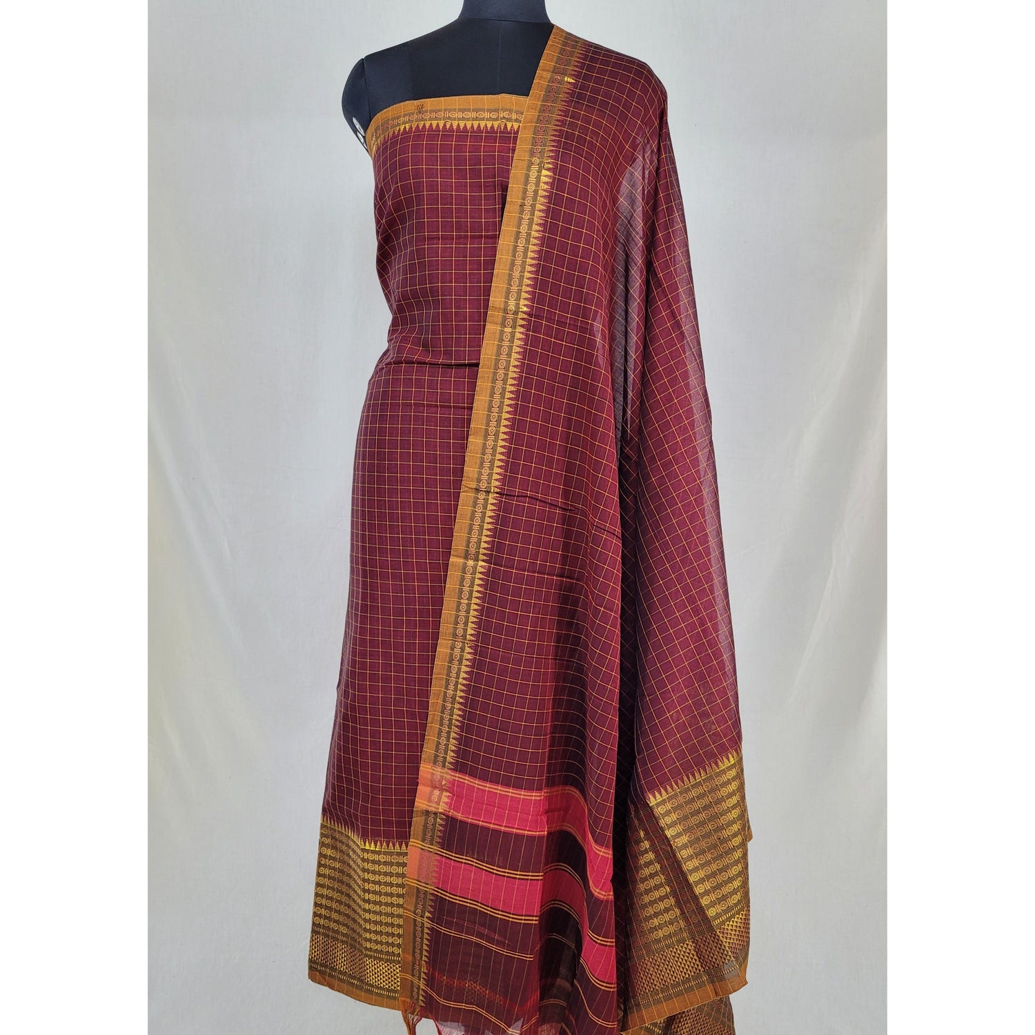 Maroon Color Narayanpet Cotton Salwar set with all over checks Zari Border - Vinshika