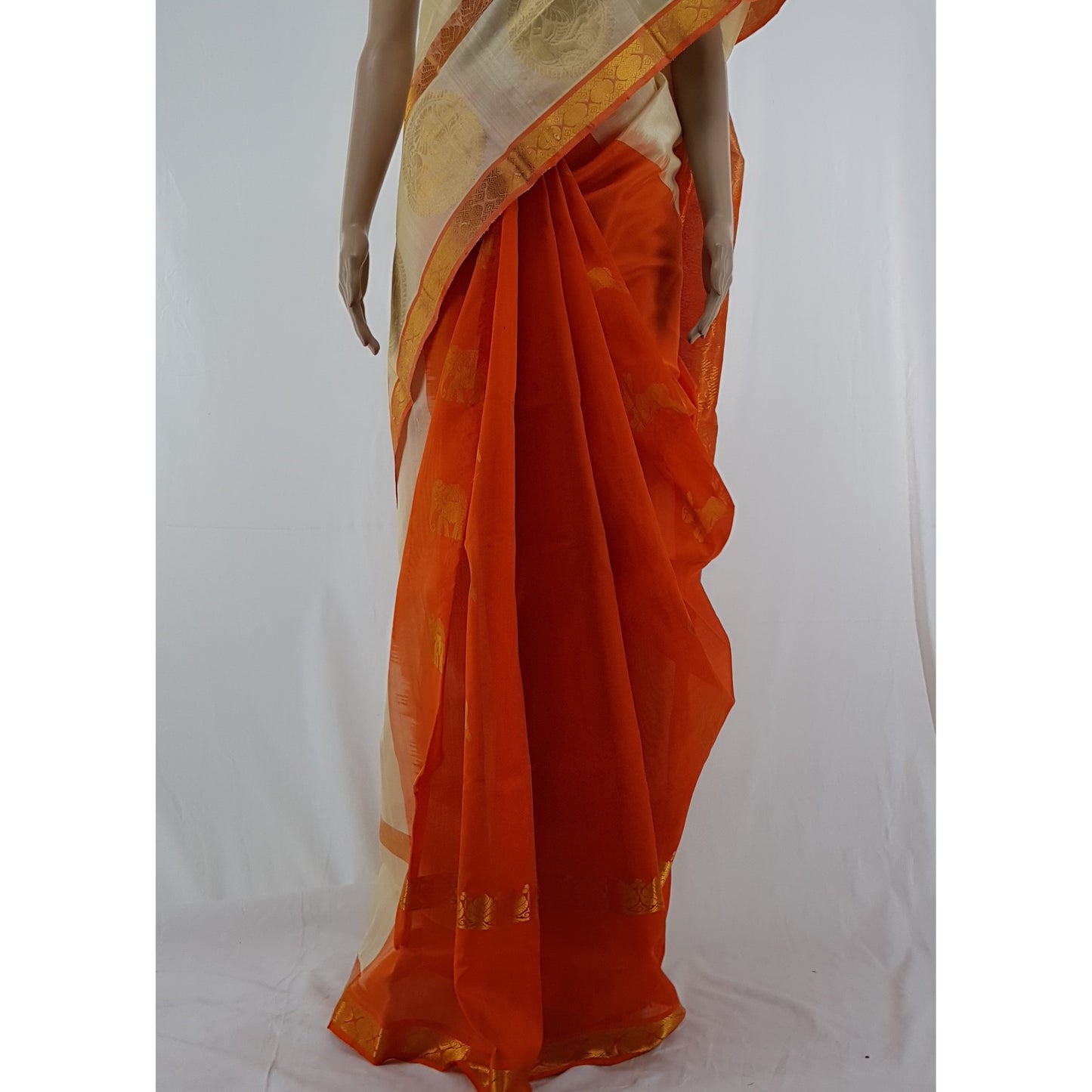 Half white and orange Half and Half Kuppadam Pattu Saree - Vinshika