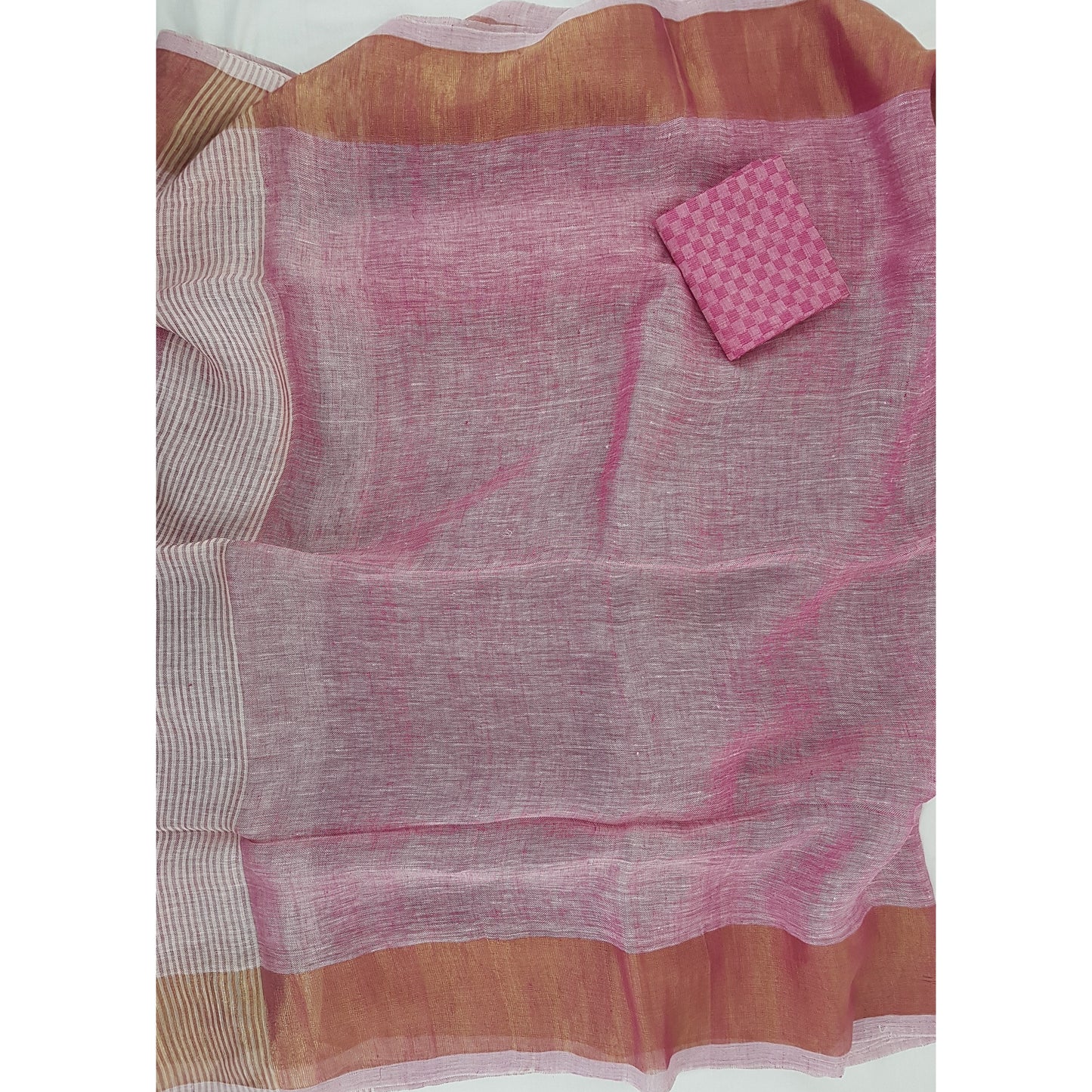 Premium Handwoven Linen pink with golden zari border saree - Vinshika