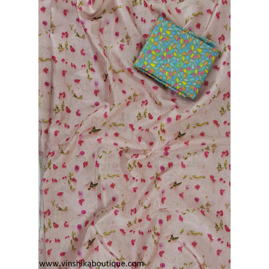 Floral printed jute silk saree comes with raw silk designer blousse - Vinshika