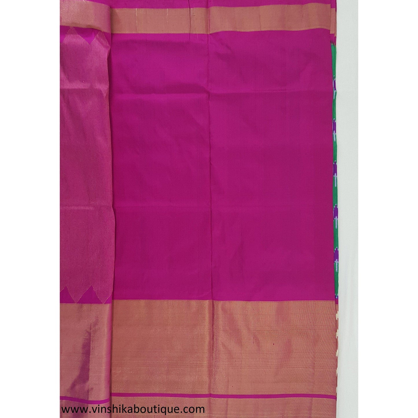 Ikat green and pink color handwoven silk saree - Vinshika