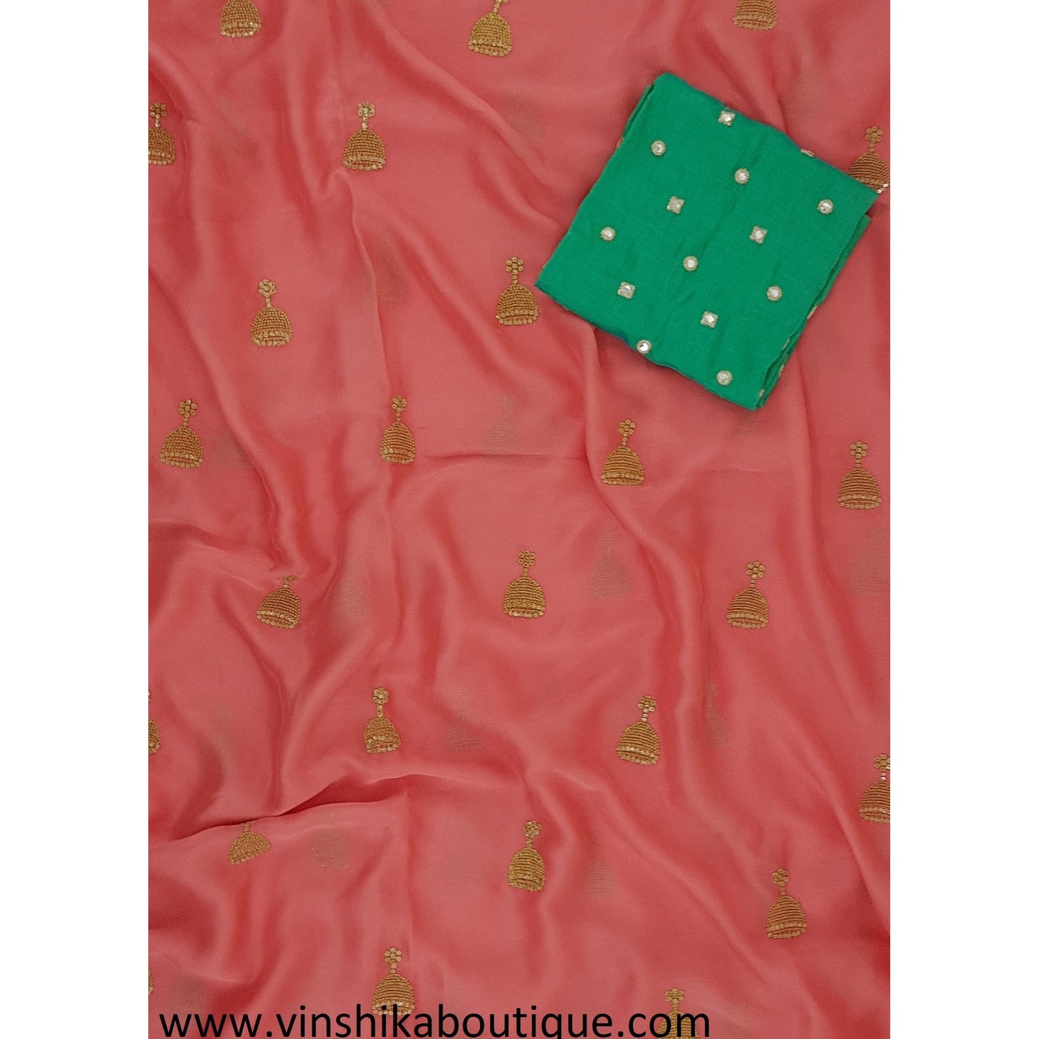 Peach color butti work saree with pista green color butti work jute silk blouse piece designer - Vinshika