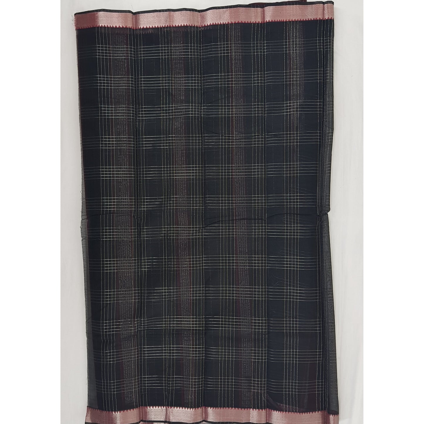 Maroon and black color mangalagiri silk saree with silver zari border - Vinshika