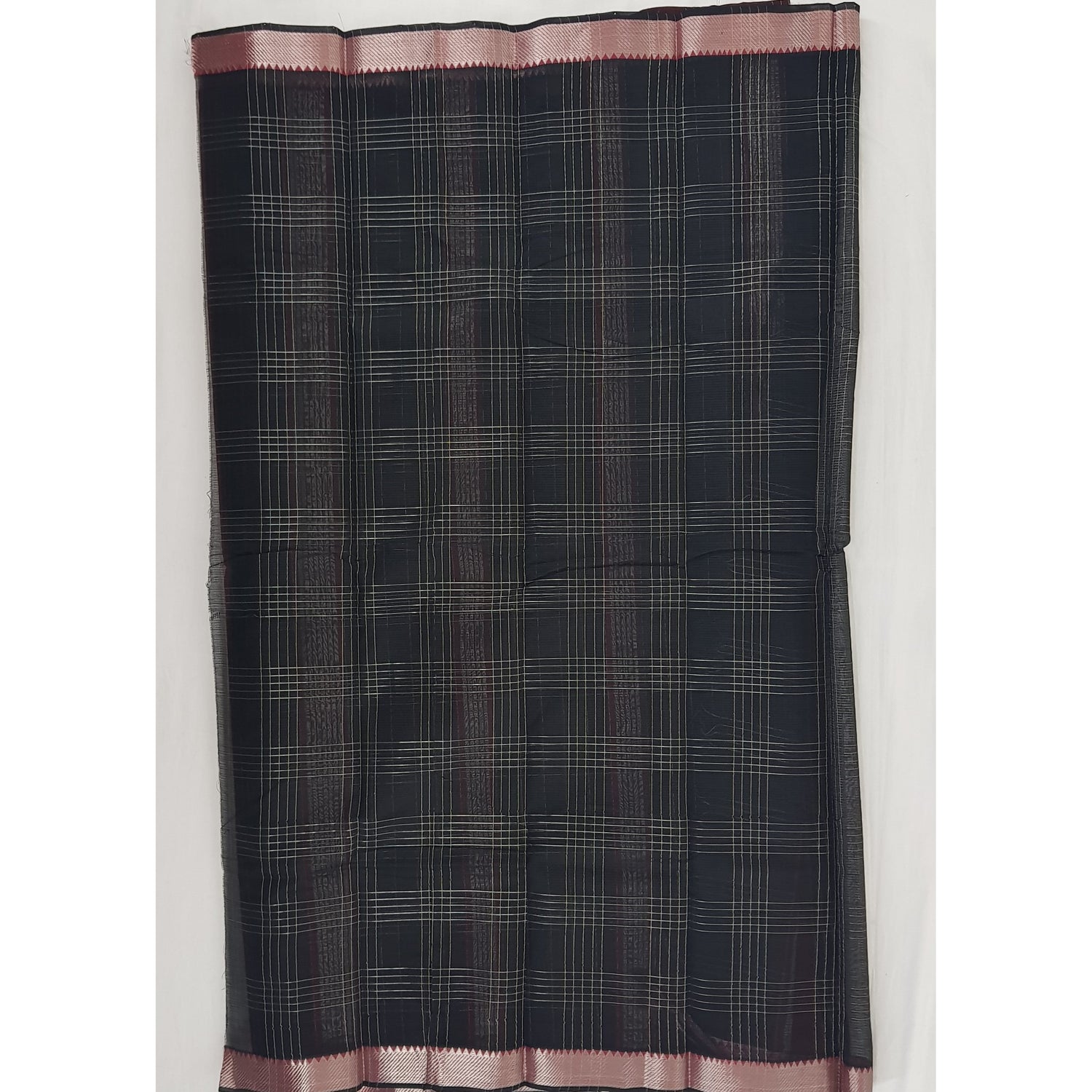 Maroon and black color mangalagiri silk saree with silver zari border - Vinshika