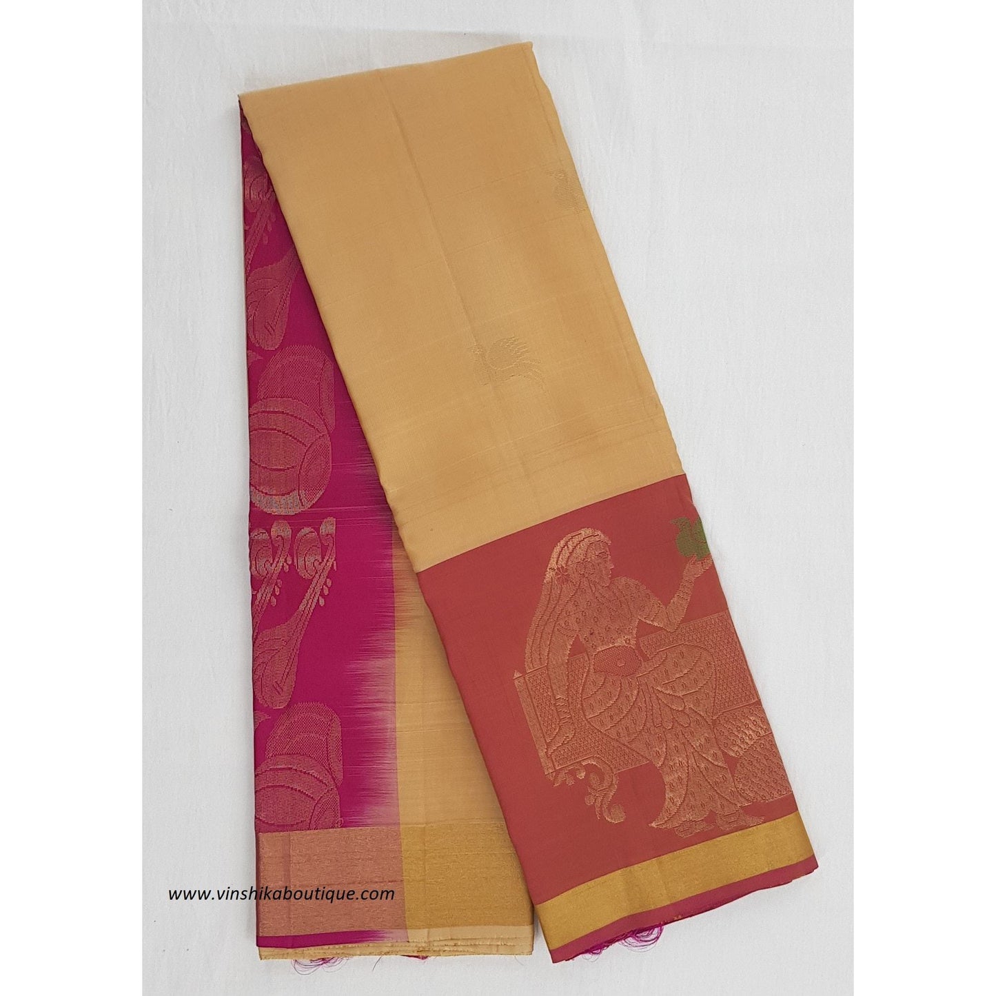Cream and Pink Kanjeevaram silk saree - Vinshika