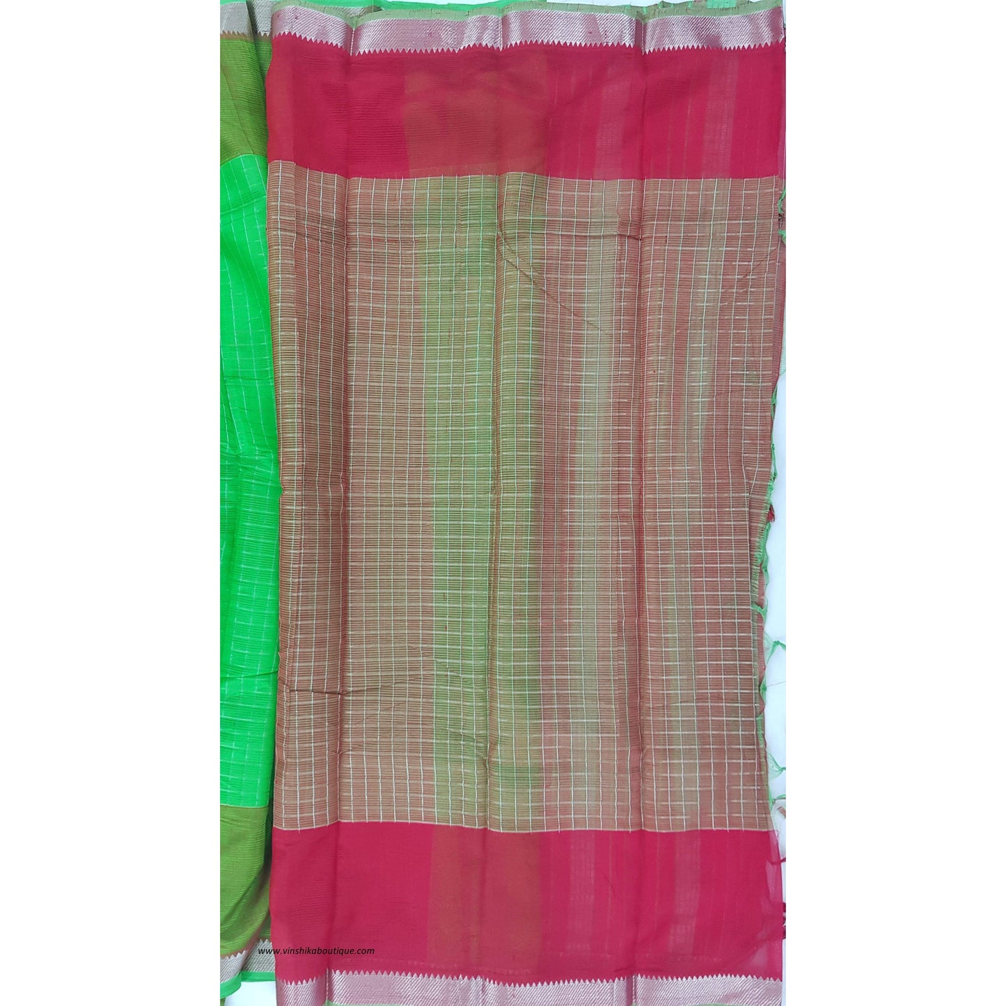 Parrot green and Red color mangalagiri silk saree with silver zari border - Vinshika