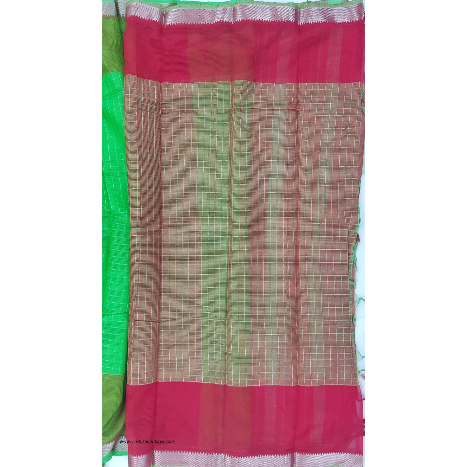 Parrot green and Red color mangalagiri silk saree with silver zari border - Vinshika