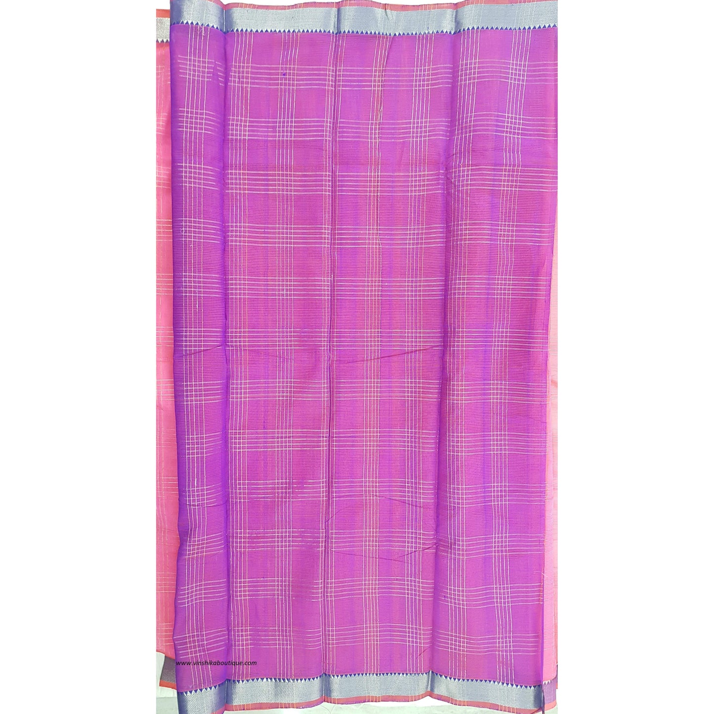 Neon Pink color mangalagiri silk saree with silver zari border - Vinshika
