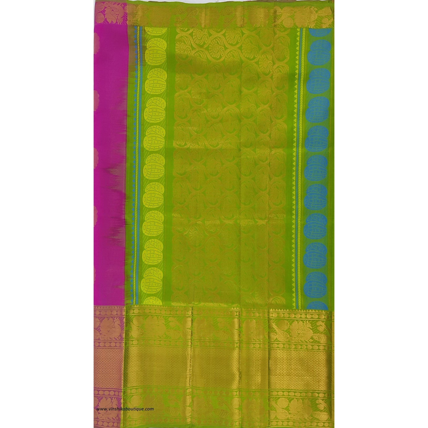 Pink and Green color Handwoven Kuppadam Pattu Golden Zari Heavy Kanchi border Saree - Vinshika
