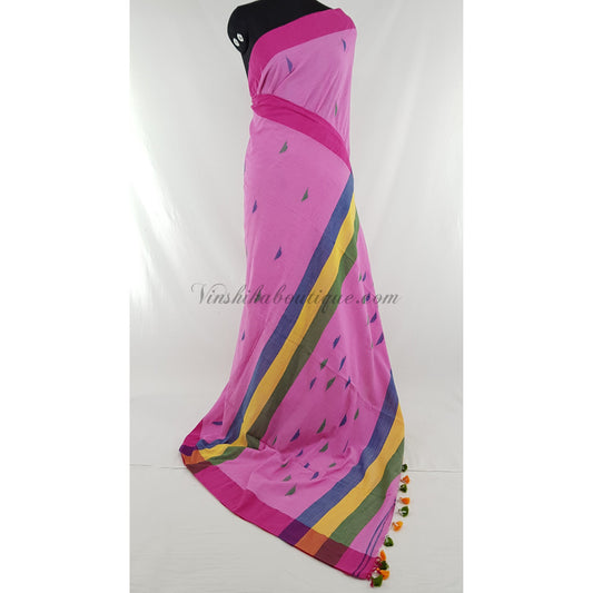 Pink color Handmade yarn cotton jamdani buttis handwoven saree - Vinshika