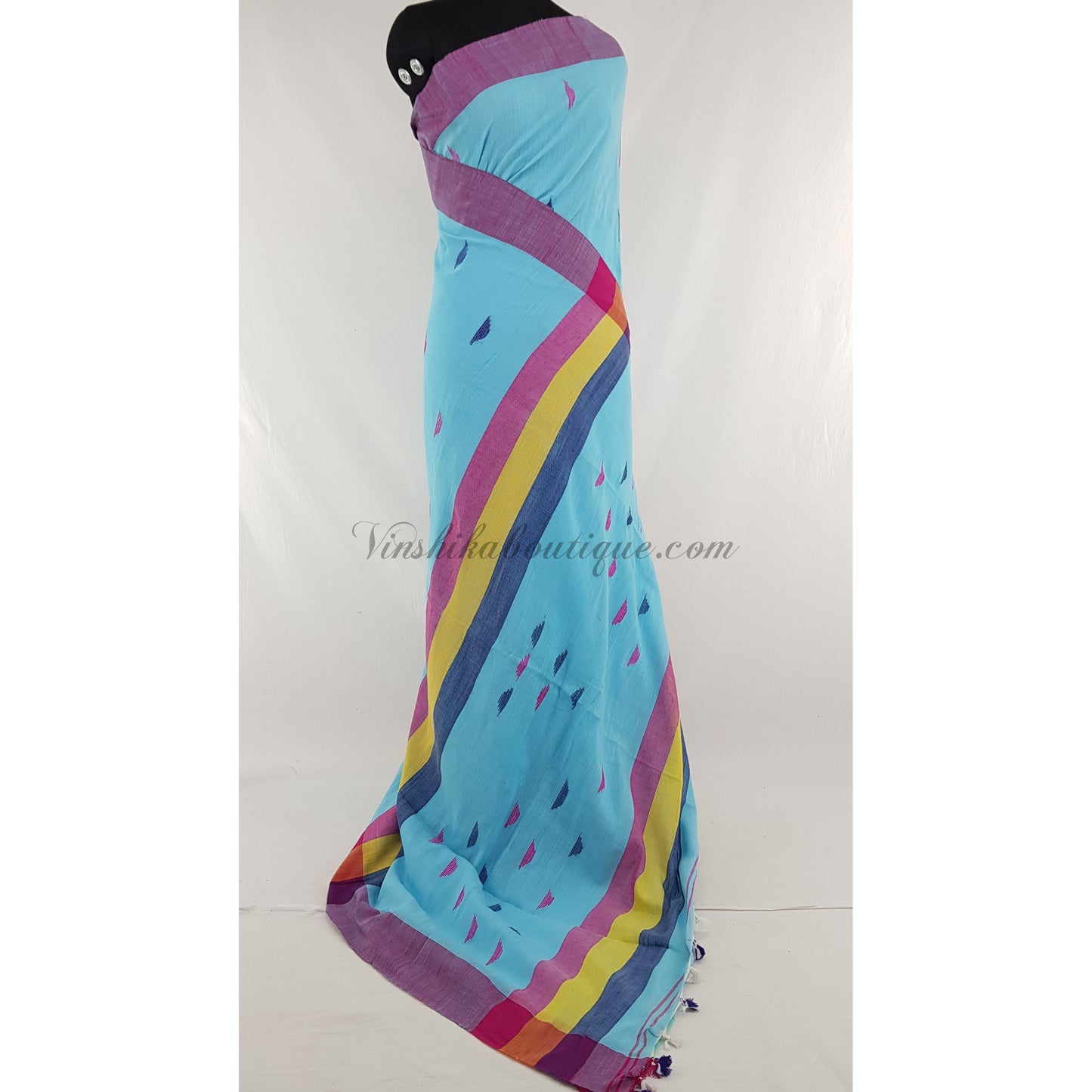 Sky Blue and pink color Handmade yarn cotton jamdani buttis handwoven saree - Vinshika